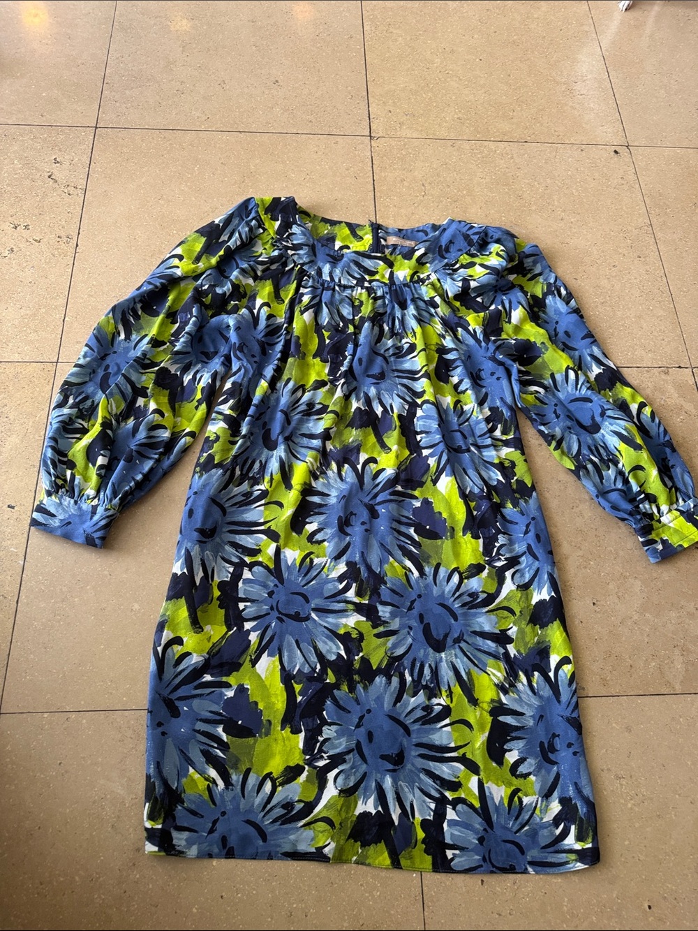 Michael Kors Collection Blue and Green Floral Midi Dress with Gathered Neckline